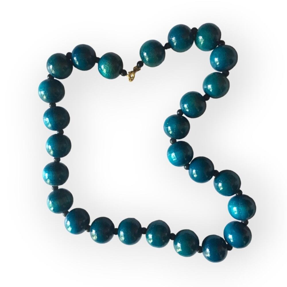 Deep teal richly colored wooden bead necklace - blue, teal
